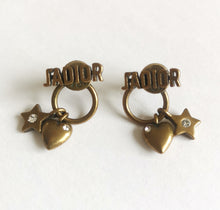 DIOR J’ADIOR ANTIQUE GOLD FINISH METAL/CRYSTAL HEART AND STAR CHARMS EARRINGS