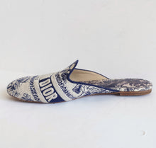DIOR NAVY/BEIGE DIOR OFF TOILE DE JOUY EMBROIDERED FABRIC MULES (39)
