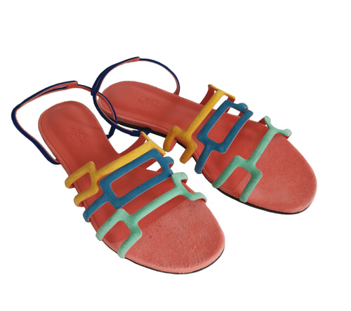 HERMES MULTI-COLOR SUEDE SLING BACK SANDALS (38)