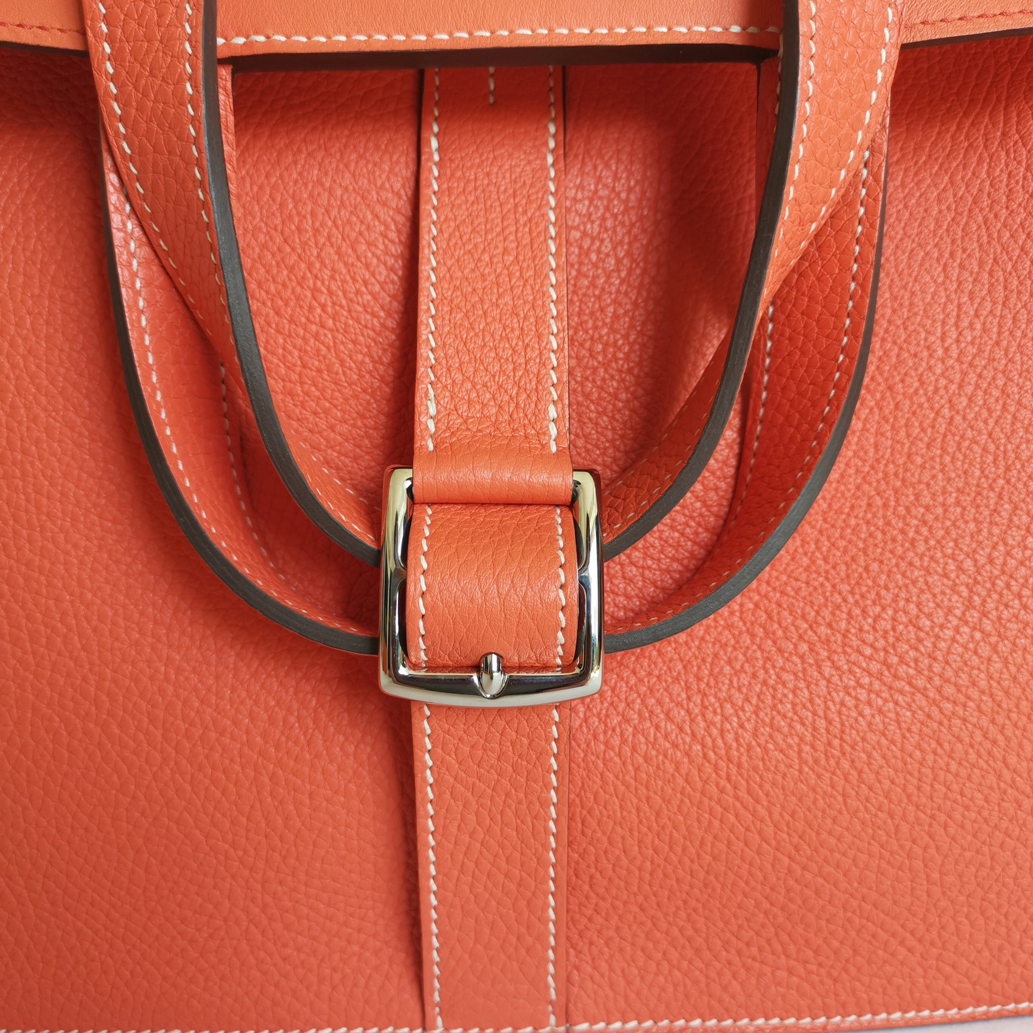 Hermes 31cm Poppy Orange Clemence Leather Palladium Plated Halzan