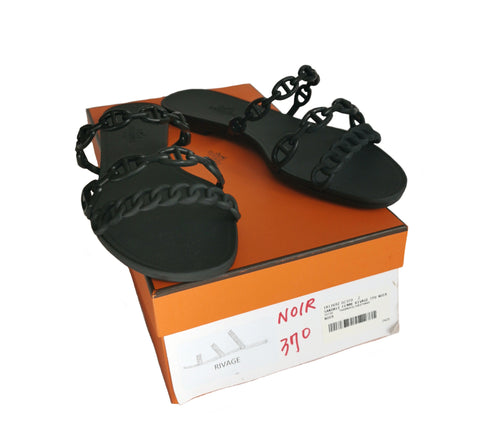 HERMES BLACK RUBBER CHAINE D’ANCRE RIVAGE SANDALS (37)